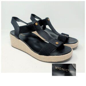 Vionic Espadrilles 12 Black Leather Wedge Platform Calera